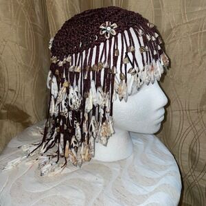 Vintage Cowrie shell headpiece Cap brown Crochet Egyptian Cleopatra African